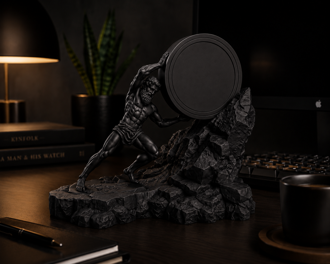 The Sisyphus Holder mythology-inspired desk sculpture for a 70 mm round tin