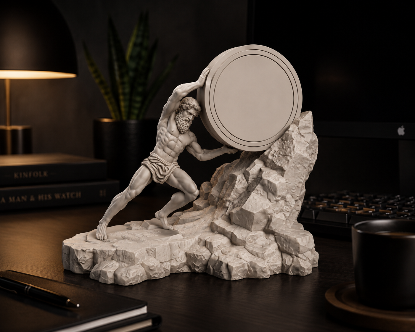 The Sisyphus Holder mythology-inspired desk sculpture for a 70 mm round tin